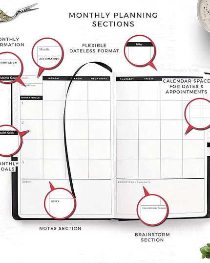 Smart Planner Pro – Undated Daily Planner – Small A5 – Achieve Goals & Increase Productivity – Weekly, Monthly, Work Sections, Organizer Diary with Back Pocket, 3 Satin Bookmarks & Pen Holder