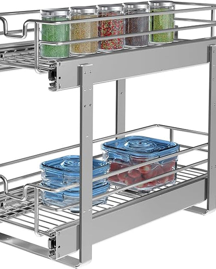 JOWBOOW 2-Tier Individual Cabinet Pull Out Shelves (9" W x 22" D), Slide Out Kitchen Panty Narrow Cabinet Storage Sliding Shelves