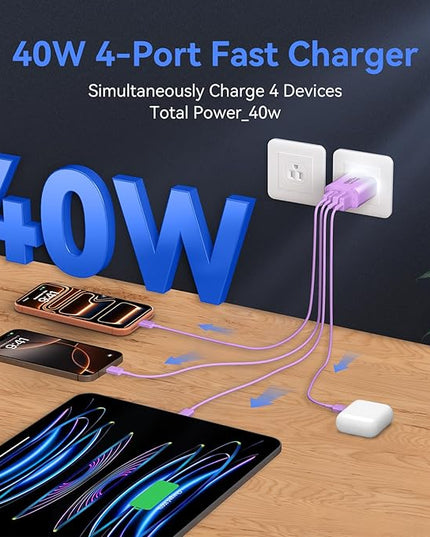 USB C Wall Fast Charger Block, 40W 4-Port Type C Chargers Fast Charging Blocks PD Power Charger Adapter+QC 3.0 USB Multiport Charger Brick for Phone 17/16/15/14/13/12 Pro Max, i-Pad, Galaxy S25-2Pack