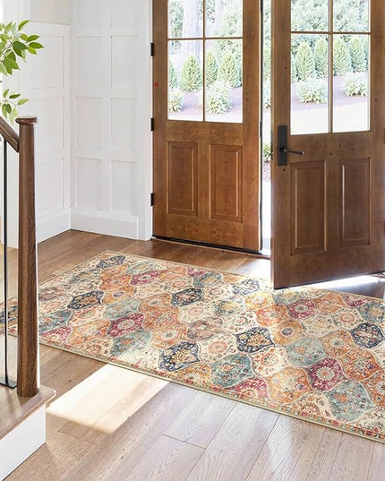 Lahome Moroccan Trellis Hallway Rug, 2x5 Washable Runner Rug Non Slip Kitchen Runners for Hallways, Ultra-Thin Vintage Carpet for Bedroom Bathroom Entryway, Cream/Multi