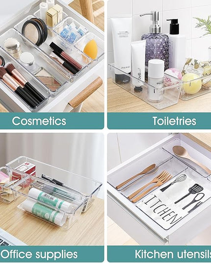 WOWBOX 25 PCS Clear Plastic Drawer Organizer Set, 4 Sizes Desk Drawer Divider Organizers and Storage Bins for Makeup, Jewelry, Gadgets for Kitchen, Bedroom, Bathroom, Office