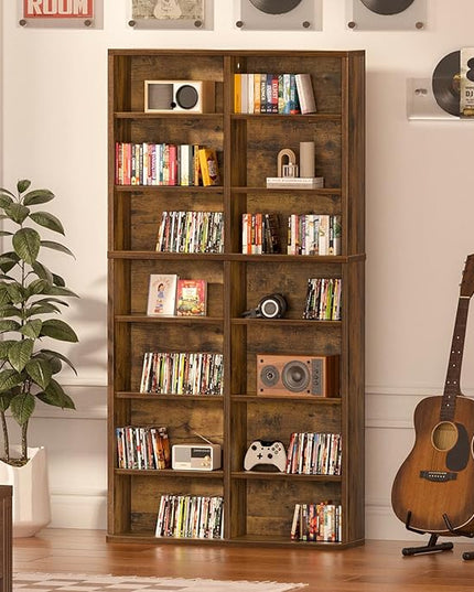 LELELINKY 7 Tier Tall Display Cabinet, Brown Media Storage Cabinet with Adjustable Shelves, Free Standing DVD Organizer Shelf, Floor Multimedia Storage Manga Bookshelf for Living Room & Home Office.