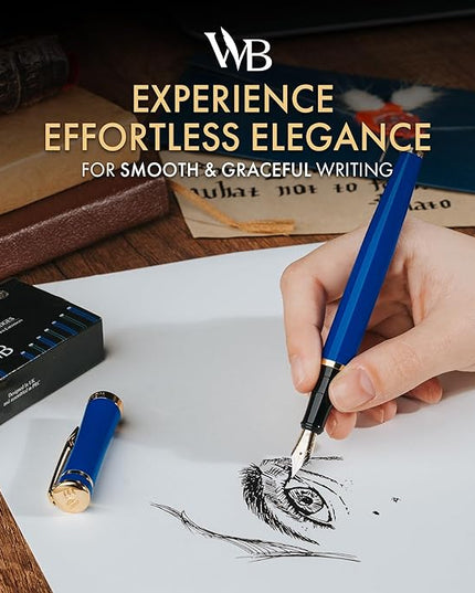 Wordsworth & Black Fountain Pen Set, 18K Gilded Extra Fine Nib, Includes 24 Pack Ink Cartridges, Ink Refill Converter & Gift Box, Gold Finish, Calligraphy, [Imperial Blue], Perfect for Men & Women