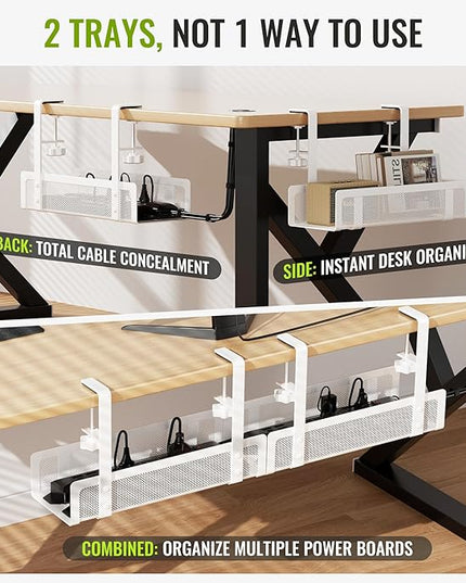 [Upgraded] 2 Pack Cable Management Under Desk Tray, Xpatee 27.6" No Drill Open Slots Cable Management Tray, Cord Wire Organizer Box with Clamp for Table Thickness up to 3" - No Desk Damage(White)