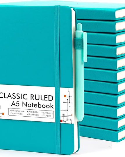 feela 12 Pack Notebooks Journals Bulk with 12 Black Pens, A5 Hardcover Notebook Classic Ruled Journal Set with Pen Holder for School Business Work Travel Writing, 120 GSM, 5.1”x8.3”, Emerald