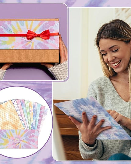 TaoBary 160 Pcs Stationery Paper Set 50 Double Sided Stationery Papers with 50 Matching Envelopes and 60 Round Dot Sticker, 10 Design(Tie Dye,8.5 x 11 Inch)