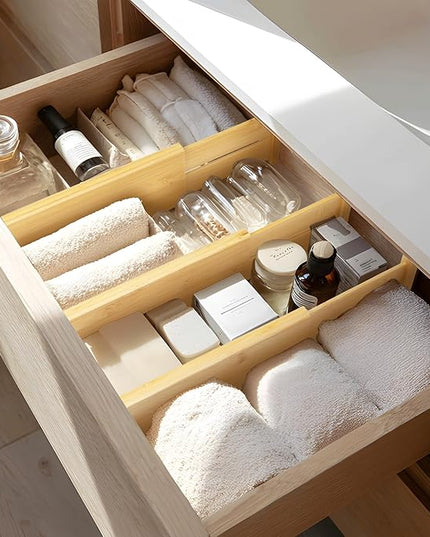 VaeFae 3 Pack Bamboo Drawer Dividers, 4" High Adjustable 11.9-17.1" Clothes Drawer Organizers, Expandable Separators for Bedroom/Bathroom/Kitchen/Office Storage