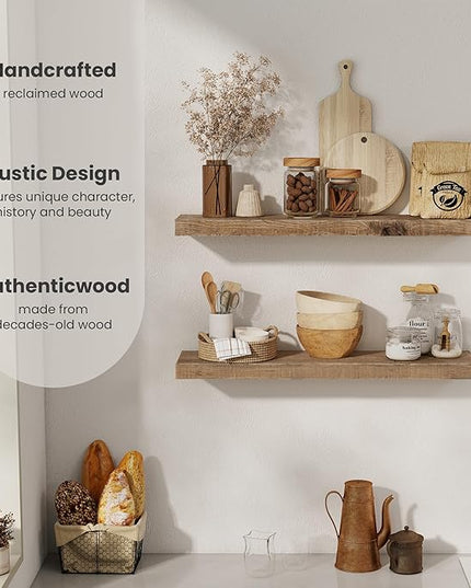 Floating Shelves, 8 Inch Deep Rustic Solid Reclaimed Wood Wall Shelves for Storage, Wall Mounted Display Shelving with Invisible Heavy-Duty Metal Bracket, 30 Inch Width Set of 2, Natural