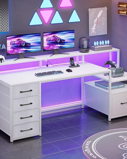 SEDETA White Computer Desk with 5 Drawer & Power Outlet, 66'' Home Office Desk with File Drawer, Storage Shelves, Printer Cabinet and Monitor Shelf, Gaming Desk with Led Lights