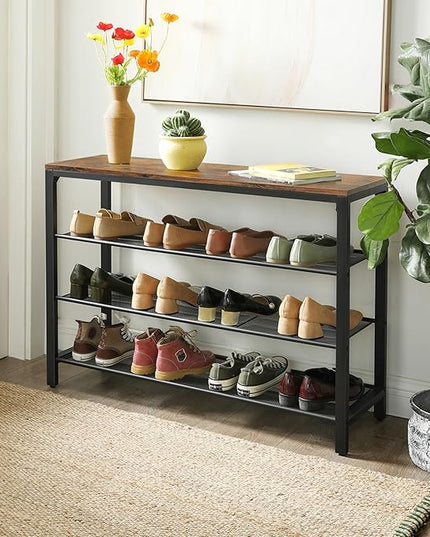 VASAGLE 4 Tier Shoe Rack, Shoe Organizer for Closet, Entryway, 16-20 Pairs of Shoes, Large Shoe Rack Organizer with 3 Metal Mesh Shelves, 11.8 x 39.4 x 28.3 Inches, Rustic Brown and Black ULBS14BX