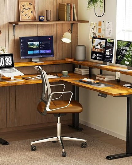 AODK Electric L Shaped Standing Desk, 59 Inch Height Adjustable Stand Up Desk with Power Outlets ＆ Full Monitor Stand, Reversible Corner Desk for Home Office ＆ Computer Workstation, Rustic Brown