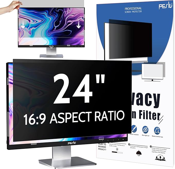 Peslv Computer Privacy Screen 24 Inch for 16:9 Widescreen Monitor, Removable 24inch Anti Blue Light Anti Glare Monitor Privacy Filter Shield (20 15/16" x 11 13/16")