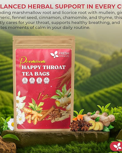 Premium Happy Throat Herbal Tea – 135 Bags Of Supper Tea Blend: Marshmallow Root, Slippery Elm & Ginger – Dry & Sore Throat Relief – Caffeine-Free, No Honey, No Citrus – No Sugar