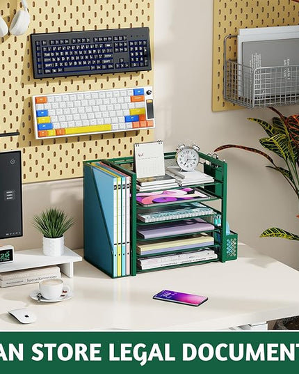 Simple Trending 6 Tier Desk File Organizer, Paper Letter Tray Organizer with File Holder and Pen Container, Green