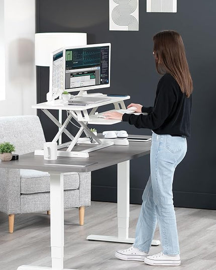 VIVO 36 inch Desk Converter, K Series, Height Adjustable Sit to Stand Riser, Dual Monitor and Laptop Workstation with Wide Keyboard Tray, White, DESK-V036KW
