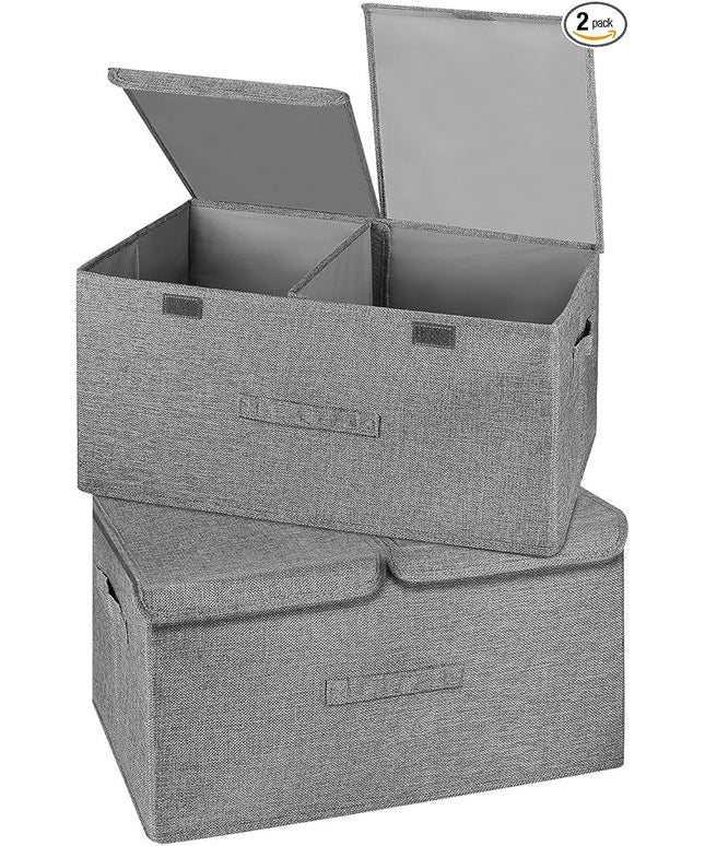 2 Pack Large Storage Boxes with Lids and Handles, Collapsible Linen Storage Bins Organizer Containers Baskets Cube with Removable Divider for Home Bedroom Closet Office (Grey, Large)
