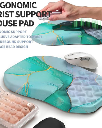 2-in-1 Ergonomic Set, Wave Keyboard Wrist Rest and Massage Slope Mouse Pad Wrist Support, Rebound Memory Foam for Relieve Carpal Tunnel Syndrome and Wrist Pain (Green Gold Marble)