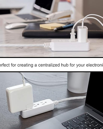 GE 3-Outlet Power Strip Surge Protector 8 Ft Braided Extension Cord with Multiple Outlets Grounded Flat Plug ETL Listed White 38433