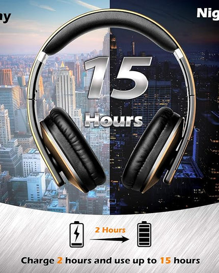August EP650 Bluetooth Wireless Over-Ear Headphones with aptX Low Latency, NFC, Multipoint Pairing, Wired Option, Built-in Microphone - Gold
