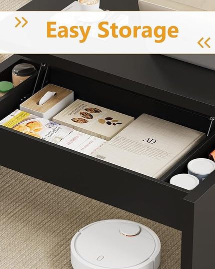 Small Lift Top Coffee Table, Wood Rectangle Coffee Table with Lifting Top and Hidden Storage Compartment, Modern Mid Century Center Tables for Small Space, Living Room, Office-Black