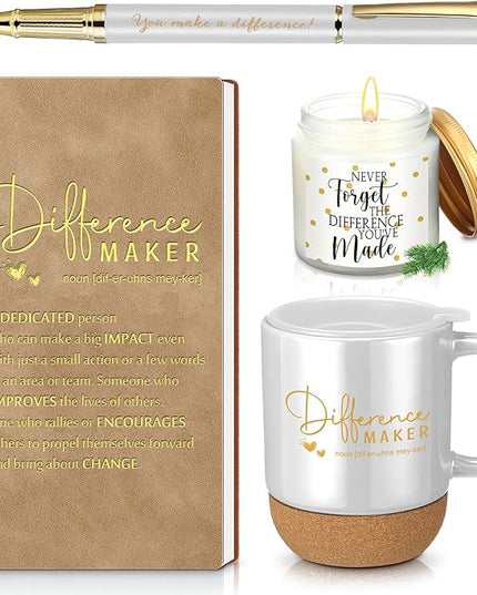 4 Pcs Difference Maker Gift for Women Men Teacher Employee Appreciation Gift for Coworker Staff Coach Difference Maker Mug Notebook Scented Candle Motivational Ballpoint Pen for Valentines(White)