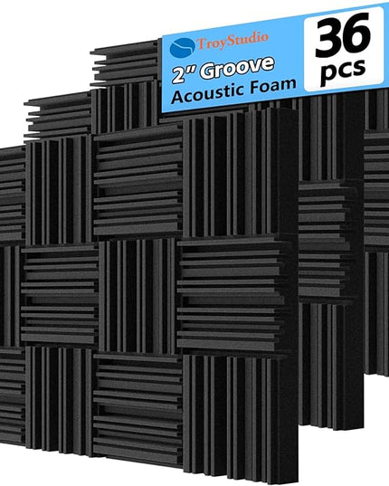 TroyStudio Thick Acoustic Foam Panels, 12 X 12 X 2 Inch 36 Pcs Broadband Sound Absorbing Foam, Dense Soundproof Padding Tile, Recording Studio Foam Absorber, Groove Decorative 3D Wall Ceiling Panel