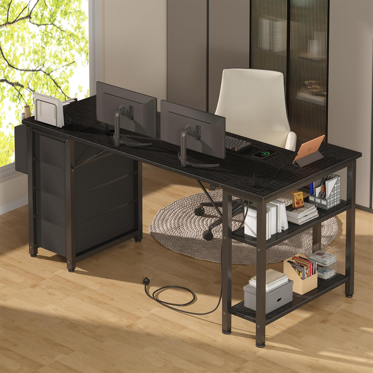 Lufeiya L Shaped Gaming Desk with Drawers & Storage Shelves, 63 Inch Corner Computer Desk with Power Outlet for Home Office Bedroom, L-Shaped Teen PC Desks with Fabric Drawer, Black