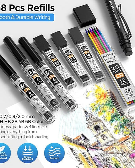 Nicpro 6PCS Weatherproof Mechanical Pencil Set, 3 PCS Art Mechanical Pencils 0.5 mm & 0.7 mm & 0.9 mm & 3 PCS 2mm Lead Holder (6B 4B 2B HB 2H 4H Colors) For Outdoor For Writing, Sketching Drawing