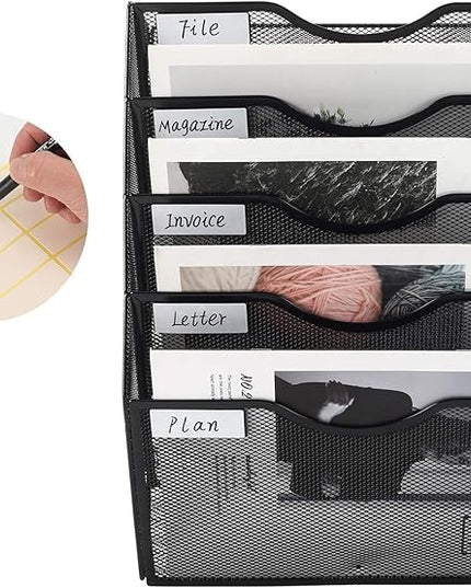 EasyPAG Hanging Wall File Organizer, 5 Pocket Wall Mounted Mail Organizer, Vertical Document Folder Holder with Nametag Label, Space Saving Paper Storage Magazine Rack for Office Home School, Black