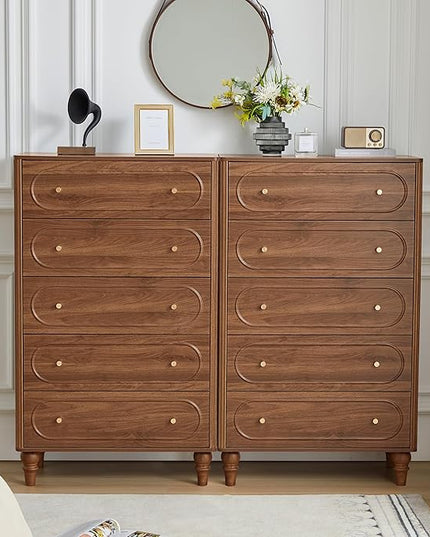 5 Drawer Fluted Dresser for Bedroom, Mid Century Modern Chest of Drawers, Wood Storage Large Dresser Organizer for Bedroom Living Room Hallway Closet, Walnut