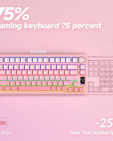 AULA S75 PRO Wireless Mechanical Keyboard with Screen&Knob, Tri-Mode Hot Swappable Gaming Keyboard 75%, Pre-lubed Switches, RGB Backlit, Side Printed PBT Keycaps, Creamy Sounding Pink Keyboards