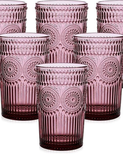 Vintage Glassware Drinking Glasses Set of 6,13 oz Purple Textured Flower Design Glass Water Tumblers，Embossed Striped Drinkware for Water,Cocktails,Juice,Iced Coffee