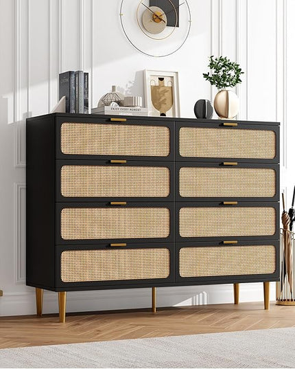 Garvee Rattan Dresser with 8 Drawers, Tall Modern Closet with Deep Storage, Large Chest of Drawers with Wide Top, Long Wooden Dresser for Bedroom, Living Room, Hallway, Kids Room, Black