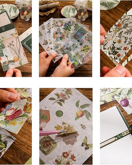 Scrapbooking Supplies Kit, Vintage Botanical Aesthetic Scrapbook Kit for Bullet Junk Journal, Stationery, A6 Grid Notebook, Flower DIY Journaling Supplies, Birthday Craft Gift for Teen Girl Women