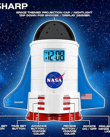 Sharp NASA Space Shuttle Night Light Alarm Clock – Wings and Booster Lights Up – Space Design Nightlight Fun with 4 Color Options and 2 Space Themes for Bedroom, Great Gift!