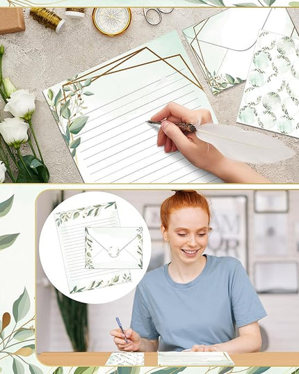 TaoBary 160 Pcs Stationery Paper Set 50 Double Sided Stationery Papers with 50 Matching Envelopes and 60 Round Dot Sticker, 10 Design(Eucalyptus,5.5 x 8.25 Inch)