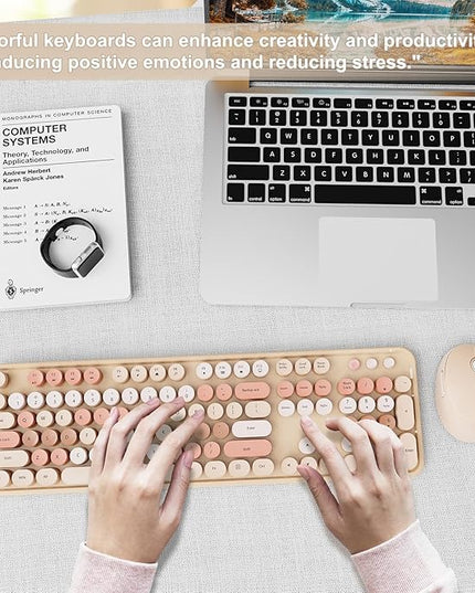 Wireless Keyboard and Mouse Combo, Ergonomic Full Size Typewriter Retro Round Keycaps Keyboard, Compatible with Windows, PC, Perfer for Home and Office Keyboards (Chocolate Color)