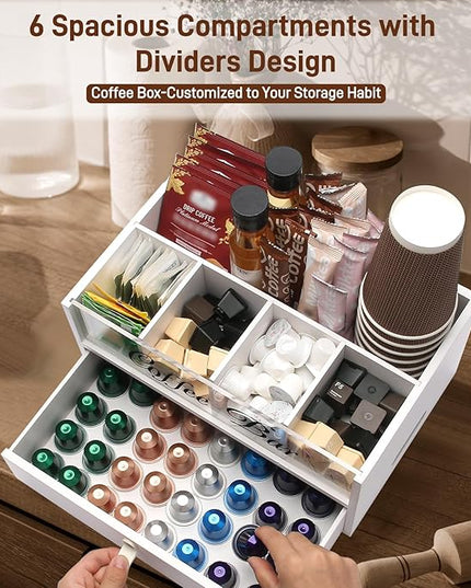 Intarsio 2-Tier Coffee Bar Organizer with Clear Acrylic Top, Built-in Drawer and Leather Handle Pull for Countertop, Stylish Coffee Station Storage Box for Accessories, Pods, Great Gifts for Home
