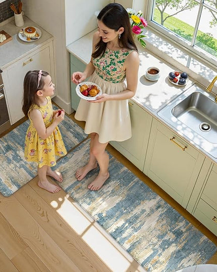 Collive Kitchen Mats for Floor 2 Piece, Abstract Cushioned Anti Fatigue Rugs Non Slip Waterproof Kitchens Sink Mat, Blue Modern Standing Mat for Bar, Office, Desk, Home Decor, 17"x29"+17"x47"