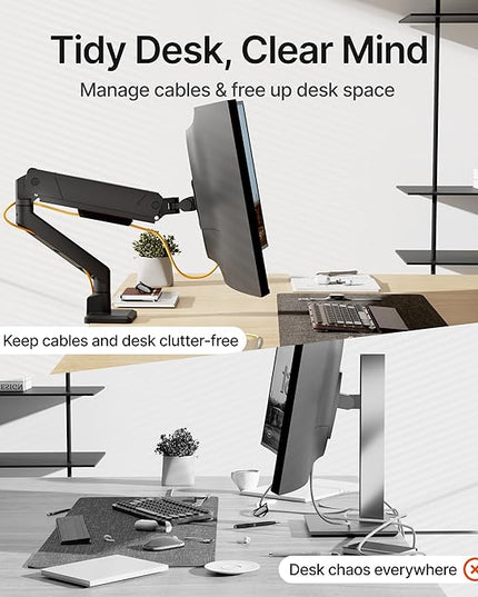 monTEK Single Monitor Arm for Max 45 Inch Ultrawide Screens Adjustable Monitor Desk Mount Holds 35 Lbs Cable Management with Clamp/Grommet Desk Mount, VESA 75/100mm, MA1007BK