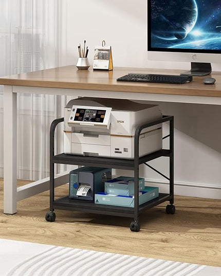 2 Tier Under Desk Printer Stand with Storage, 20 Inches Deep Large Printer Table with Height Adjustable Shelf, Rolling Printer Cart with Wheels for Home Office - Black