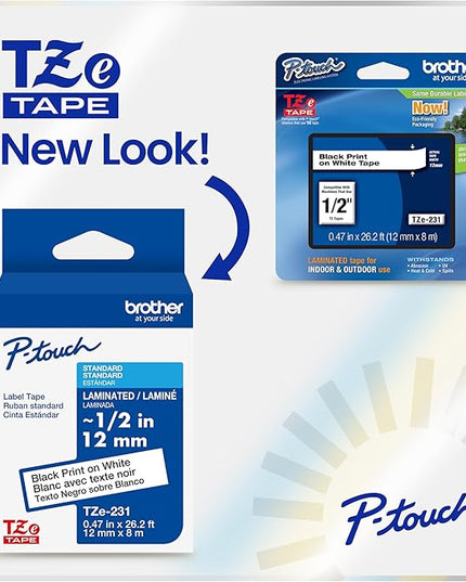 Brother Genuine P-Touch TZe Black Print on White Label Tape (TZeS231), Strong Adhesive Laminated, ~1/2in x 26.2ft (12mm x 8m), for Select P-Touch Label Makers, Water-Resistant, Extra Strength