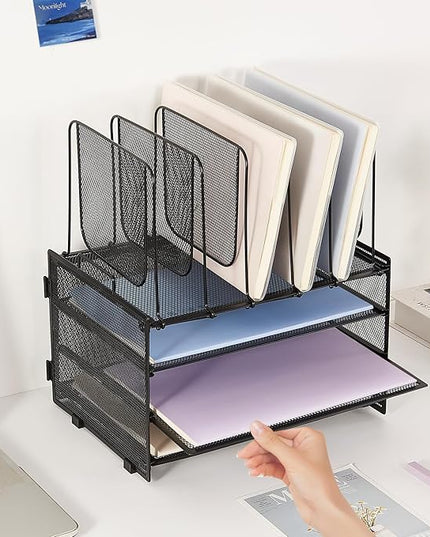 LEKETREE Desk Organizers and Accessories, 3-Tier Paper Organizer with 5 Vertical File Holders, File Folder Organizer (Black, 3T)