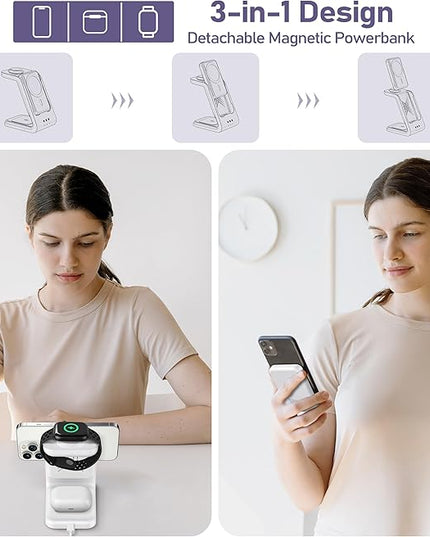 3 in 1 Wireless Charging Station: 5000mAh Removable Power Bank Charger Stand for Phone/Watch/Air Pods - Portable Magnetic Battery Pack for Air 17 16 15 14 13 12 Series White