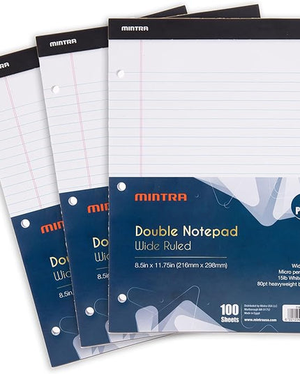 Mintra Office Legal Pads (Double Pad 3pk (White), 8.5in x 11in (Wide Ruled))