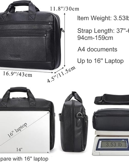 Masa Kawa Men’s Leather Briefcase for 16" Laptop Waterproof Crossbody Shoulder Messenger Bag Computer Attache Case for Business Travel Work, Black