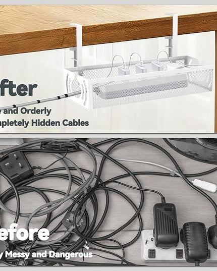 Cable Management, 15'' Under Desk Cable Management Tray No Drill, Metal Cable Organizer with Clamp for Wire Management, Cord Organizer for Home Office, Desk Accessories Organizer, White