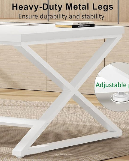 IBF Long White Computer Desk, Modern Simple Large Home Office Desk, Wood Metal Work Study Writing Table for 2 Monitors, Double Pc Gaming Executive Workstation in Bedroom Living Room, White Oak,70 in