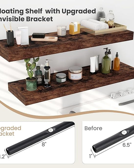 Heimlove 24 x 12 Inch Deep Floating Shelves Wall Mounted with Invisible Brackets,Storage Hanging Shelf for Wall Decor in Bathroom, Bedroom, Kitchen, Living Room, Office Set of 2 (Rustic Brown)
