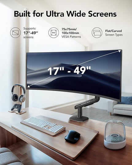 HUANUO TitanLift Heavy Duty Monitor Arm for Screens up to 49", Holds 44 lbs, Aluminum Ultrawide Screen Desk Mount, Fully Adjustable Single Gaming Monitor Mount with Dual C-Clamp, Max VESA 100x100mm
